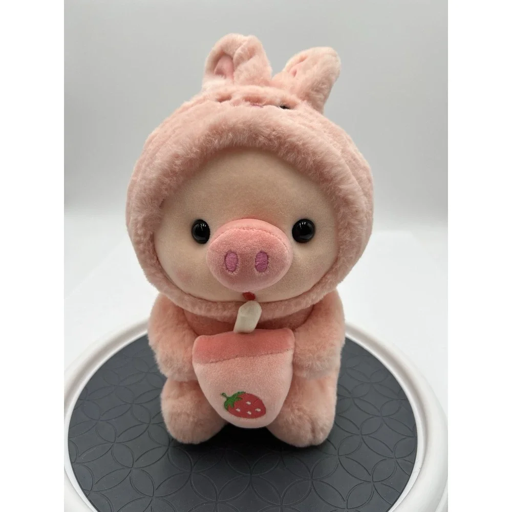 QQMCC Pink Pig Plush Bunny Hood Strawberry Boba Bubble Tea Stuffed Animal 12